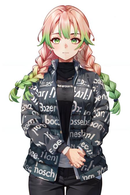 drip jacket,white background, shirt, closed mouth, open clothes, black pants, pants, 1girl,  black shirt, looking at viewer, open jacket, solo, own hands together <lora:drip_jacket:0.8> mitsuri(demon slayer), multicolored hair, green eyes,long hair ,twin braids, <lora:mitsuri-v2:0.7>,