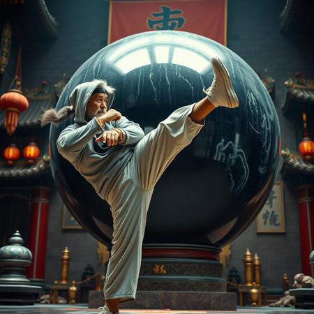 1man,60 yo,((Sean Connery)) with gray hoody, Bandana, long hair, jersey, white sneakers, (muscular:1.4), 2 meters tall,kicking , Huge black crystal ball background, in chinese temple,roundhouse kick, ((movie still frame)), ((close shot)), color movie, complex stuff around, intricate in the background, (((film grain))),  extremely detailed, 8k, (((detailed skin))), cinematic