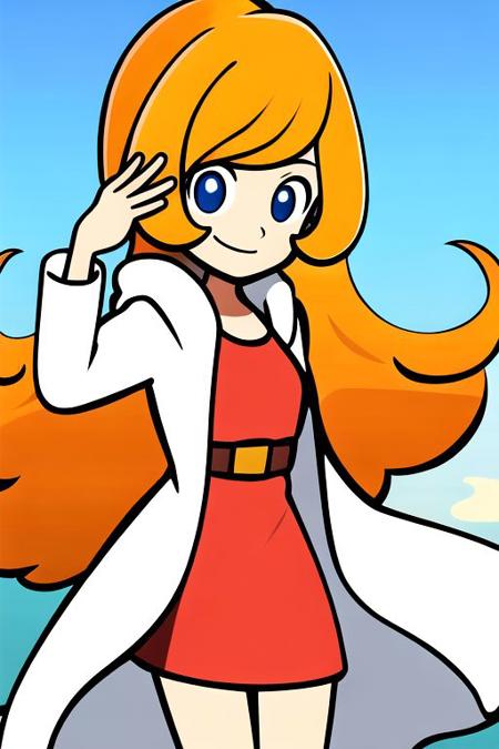 1girl, long hair, blue eyes, solo, orange hair, smile, dress, labcoat, red dress 1girl, blue eyes, solo, orange hair, smile, dress, long hair, smile, open mouth, hat, dress, bow, ribbon, upper body, flower,  outdoors, sleeveless, white dress, , sleeveless dress, white flower, sun hat, hat flower, sundress