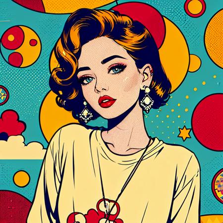 pop art,  1girl, solo, shirt, jewelry, closed mouth, upper body, earrings, lips, looking at viewer, red lips, 
<lora:pop_art_style_v11:0.7>