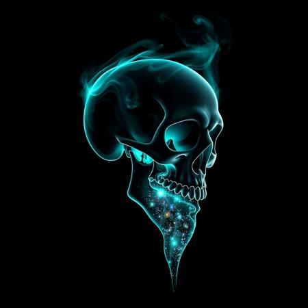 Skull, black background, slhouette black and white outline, skull made of smoke, neon teal_flames, pov sideview, smoke rises from back of skull, skull mouth open, mouth open pouring out Galaxy in a liquid form, Galaxy waterfall from open mouth of skull