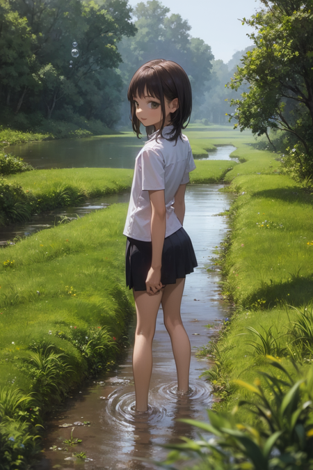 masterpiece, best quality, 1girl,Stream,Moss,small pebble,Forest,Short Skirt,kid,Happy,Water,Bubble,paddy field, wangxi <lora:WangxiNAI:1>