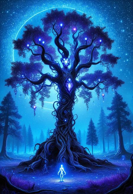 In the heart of a mystical forest, a lone sentinel stands watchful beneath the boughs of an ancient, gnarled tree. The humanoid robot, forged from dark metallic hues and glowing blue accents, sits with an air of quiet contemplation, its head tilted back to marvel at the celestial ballet unfolding above. Fireflies, like tiny lanterns, dance across the twilight sky, their soft luminescence casting an ethereal glow upon the surrounding foliage. As the last rays of sunlight fade, the ambient light shifts, embracing a palette of deep blues and purples, imbuing the atmosphere, <lora:Flux_Turbo_Alpha.safetensors:1.0> <lora:ArcaneFGTNR.safetensors:0.8> ArcaneFGTNR arcane style <lora:aidmaFLUXpro1.1-FLUX-V0.2.safetensors:0.7> aidmafluxpro1.1