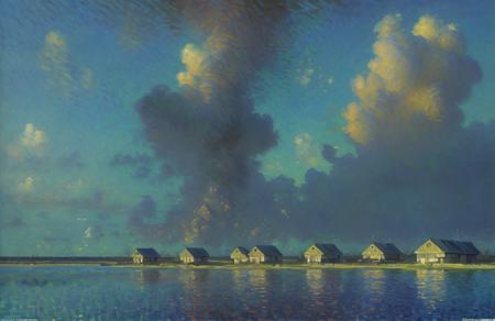 (impressionism:1.1), Atoll , russian panel houses, (john harris:0.8), rural, scenery,scene painting,a painting, <lora:russian_panel_houses_v105:1.1>,