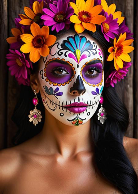 A hyper-detailed, cinematic-style portrait photograph of a woman's face, inspired by the artistic style of Jaz (Julio Mazzei), featuring a colorful and intricate Día de los Muertos (sugar skull) makeup design. The makeup blends bold floral patterns in vivid tones of pink, orange, yellow, and purple with elegant black contours and symmetrical skull motifs. One side of her face is painted as a traditional sugar skull with fine detailing, while the other retains natural beauty, highlighting deep emotion and cultural strength. The image is shot in ultra-high resolution (8K), using professional cinema lenses and dramatic studio lighting that enhances facial textures, skin pores, and makeup details. The background features a rustic wooden wall with rich grain texture, softly lit to reveal subtle imperfections and warmth. A few scattered candles glow gently in the background, adding a sacred, intimate atmosphere. Style: Photorealistic fashion photography, Latin American contemporary art fusion, emotionally powerful, cinematic depth, rich contrast, editorial quality