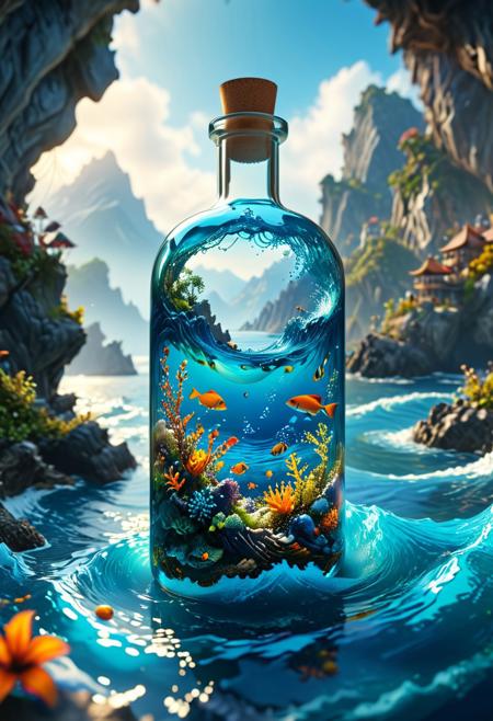 A stunning landscape encapsulated in a bottle, floating atop the sea, is creatively depicted in this detailed matte painting. The deep colors, fantastical elements, and intricate details come together to create a mesmerizing splash screen. The harmonious blend of complementary colors adds depth to the fantasy concept art, which has gained popularity on Artstation and is now showcased in 8K resolution using Unreal Engine 5.