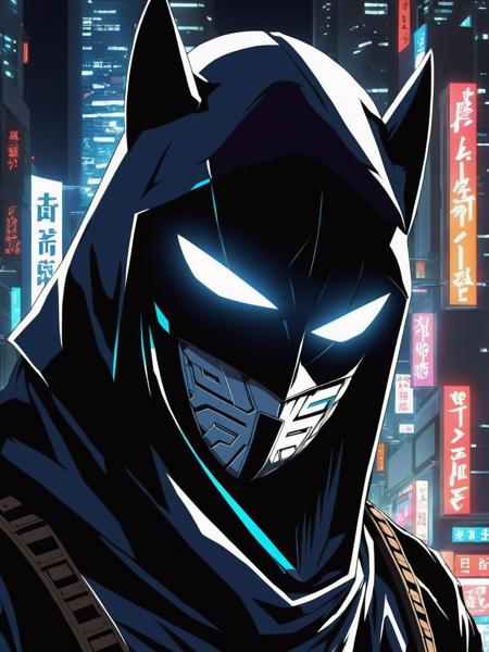 graphical anime portrait of An enigmatic and masked vigilante, prowling the city at night:1.4, with a concealed identity:1.4, striking in dark attire:1.4, a resolute expression:1.4, and a mission to dispense justice:1.4., Hologram , <lora:Fusion_Graphic_SDXL:1>