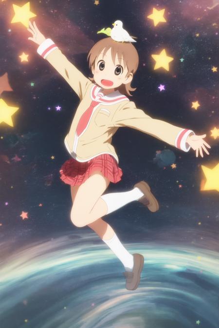 ncjzzz, aioi yuuko, 1girl, tokisadame school uniform, looking at viewer, school uniform, (red necktie:1.2), star (symbol), solo, brown hair, short hair, skirt, animal on head, on head, bird, bird on head, outstretched arms, serafuku, open mouth, black eyes, smile, sky, star \(symbol\), balancing, cloud, star \(sky\), necktie, standing on one leg, standing, pleated skirt, socks, animal