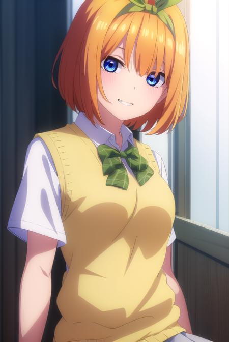 yotsubanakano, <lora:yotsubanakanospecial-lora-nochekaiser:1>, 
yotsuba nakano, bangs, short hair, blue eyes, hair between eyes, hair ribbon, hairband, orange hair, (green ribbon:1.5), smile, grin,
BREAK skirt, shirt, bow, ribbon, school uniform, white shirt, short sleeves, pleated skirt, shoes, socks, collared shirt, miniskirt, bowtie, black footwear, kneehighs, green skirt, black socks, loafers, green bow, sweater vest, green ribbon, (yellow sweater vest:1.5),
BREAK indoors, classroom,
BREAK looking at viewer, (cowboy shot:1.5),
BREAK <lyco:GoodHands-beta2:1>, (masterpiece:1.2), best quality, high resolution, unity 8k wallpaper, (illustration:0.8), (beautiful detailed eyes:1.6), extremely detailed face, perfect lighting, extremely detailed CG, (perfect hands, perfect anatomy),