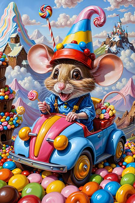 A mouse driving a candy fighter,hat,candy mountain,oil painting style,(hyperrealism),((sweets:1.2)),masterpiece,best quality,<lora:add_detail:1>,