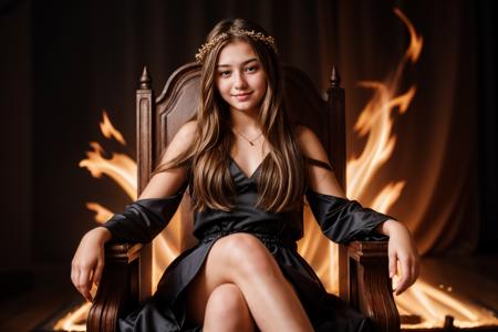 photo of a 18 year old girl,happy,sitting on a throne of fire,ray tracing,detail shadow,shot on Fujifilm X-T4,85mm f1.2,sharp focus,depth of field,blurry background,bokeh,lens flare,motion blur,<lora:add_detail:1>,