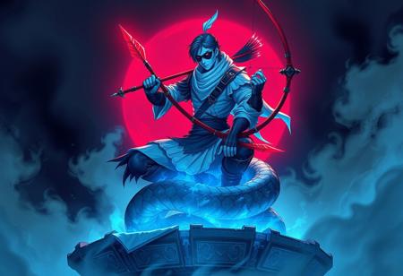 Create an image of a Blue Flame Swordsman sitting atop an Altar of Mist, inspired by Itō Seiu's works, with a snake for the lower half of his body. The character should be holding curved red arrows and a longbow, with a bold stroke style reminiscent of dynamic lighting. He should wear dark visors, an eyepatch, and have a taped-up appearance, with a photorealistic and semi-transparent feel. The image should be made in a style similar to Unreal 5 render, with dramatic and intricate details, and a blackshift, chromatic aesthetic.