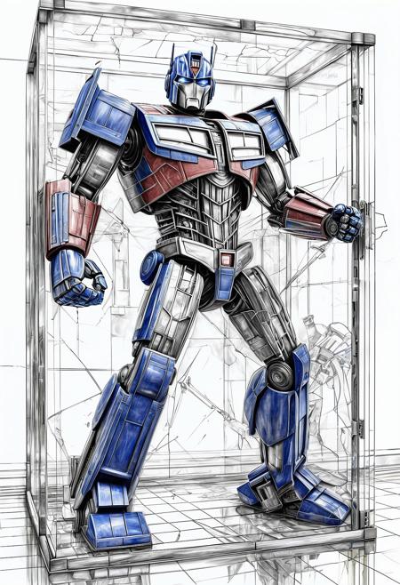 A realistic incomplete pencil sketch depicting Optimus Prime breaking through glass in the style of trompe-l'Sil in a dynamic pose, focus on the illusionistic detail, 3D sketch