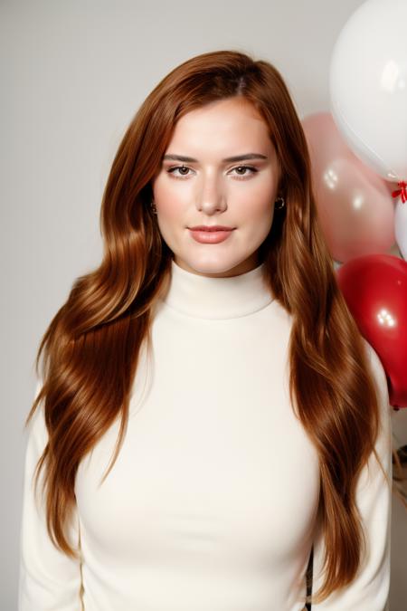 fashion portrait photo of beautiful young woman from the 60s wearing a red turtleneck standing in the middle of a ton of white balloons, taken on a hasselblad medium format camera, <lora:Bella_Thorne:1>,  <lora:more_details:0.7>,  <lora:epi_noiseoffset2:0.6>