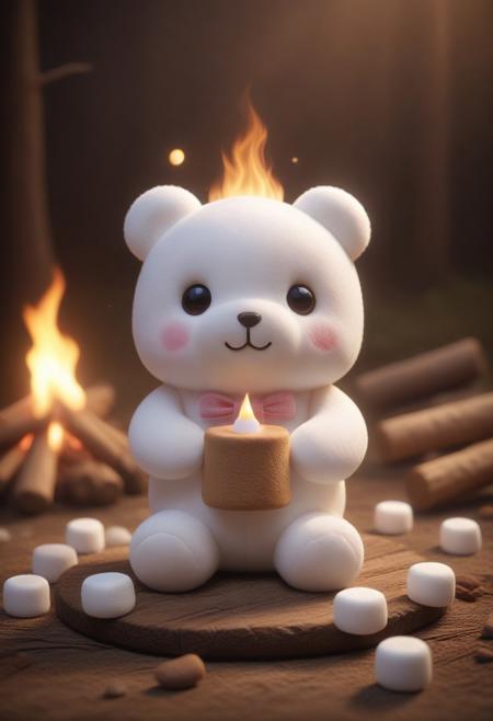 whimsical, ((marshmallows)), smores, teddy bear, campfire, cute, chibi, fluffy, High Quality, Soft Texture, Full Colour, made of ral-smlvltnpls, masterpiece, dynamic, awesome quality,soft lighting,artistic composition, high contrast, high resolution, visual aesthetics, masterpiece, sfw