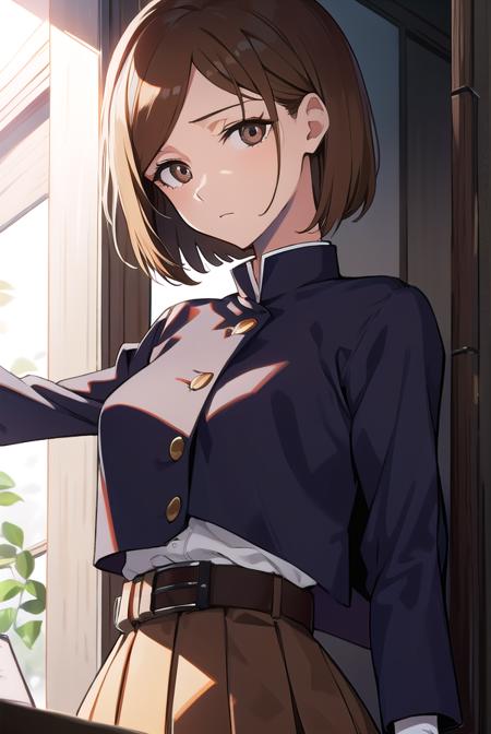 nobarakugisaki, <lyco:nobarakugisaki-LYCORIStest:1>,
nobara kugisaki, bob cut, (brown eyes:1.5), brown hair, lips, short hair,
BREAK belt, brown belt, brown pantyhose, crop top, crop top overhang, jujutsu tech uniform, pantyhose, pleated skirt, shirt tucked in, skirt, 
BREAK looking at viewer,
BREAK indoors, classroom,
BREAK <lora:GoodHands-vanilla:1>, (masterpiece:1.2), best quality, high resolution, unity 8k wallpaper, (illustration:0.8), (beautiful detailed eyes:1.6), extremely detailed face, perfect lighting, extremely detailed CG, (perfect hands, perfect anatomy),