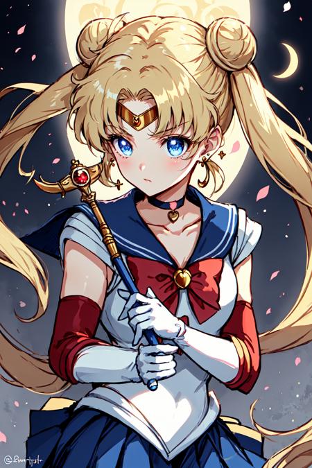 Alternative Sailor Moon,  1girl,  bangs,  blonde hair,  blue eyes,  blue sailor collar,  blue skirt,  bow,  bowtie,  choker,  circlet,  closed mouth,  crescent,  crescent earrings,  double bun,  earrings,  elbow gloves,  floating hair,  gloves,  glowing,  hair bun,  holding,  holding wand,  jewelry,  long hair,  magical girl,  parted bangs,  red bow,  red choker,  sailor collar,  sailor senshi uniform,  skirt,  solo,  twintails,  twitter username,  upper body,  wand,  white gloves, <lora:EMS-49403-EMS:0.600000>