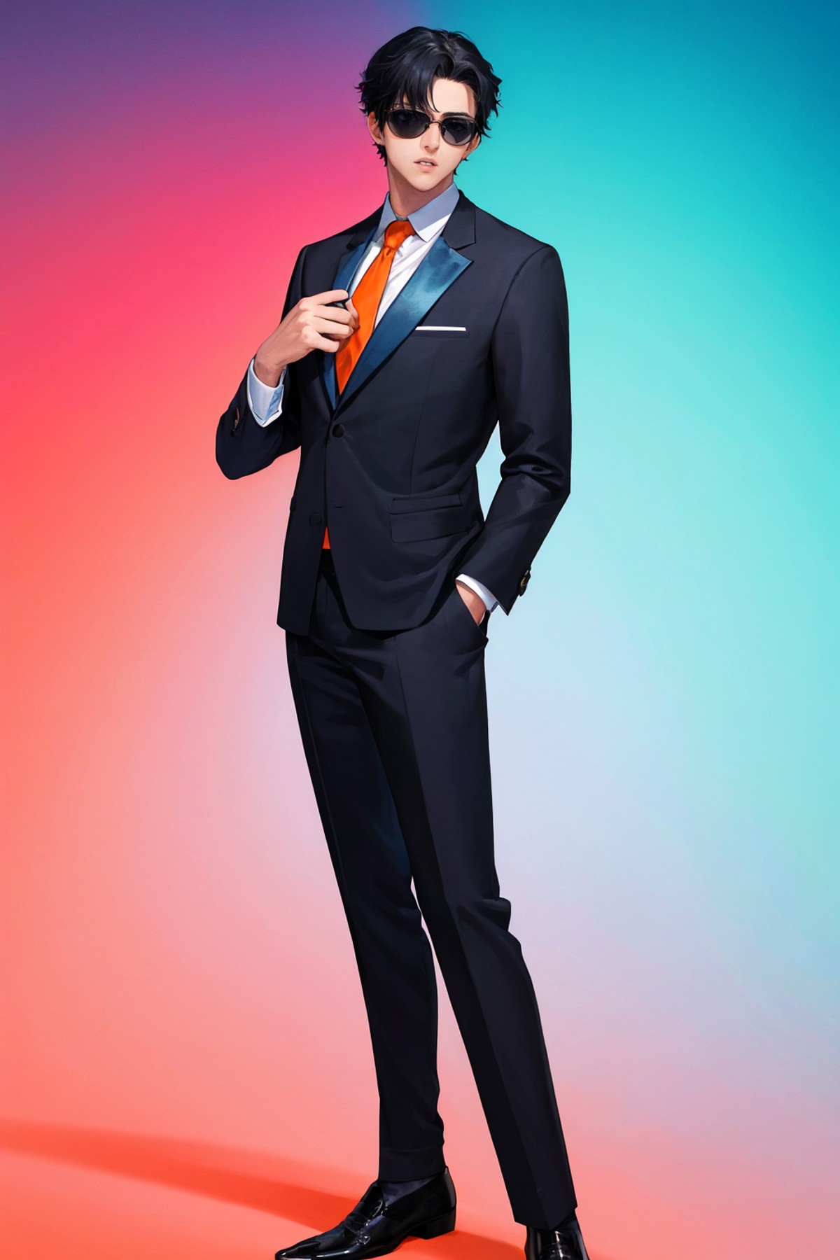 masterpiece, best quality, 1boy, solo, male focus, standing, suit, orange necktie, black hair, tuxedo, sunglasses, parted ...