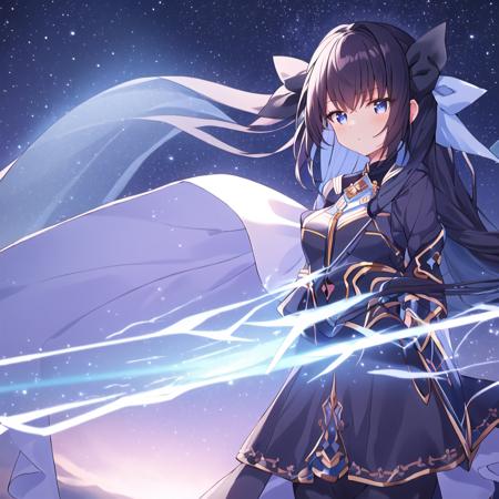 masterpiece, best quality, 1girl,  moe2022, extreme detail, cute girl, 1girl, long hair, black hair, blue eyes, no sleeves, blue ribbon, standing, blunt cut, extremely delicate and beautiful fabric, beautiful detailed sky, beautiful details in the wind, night, ultra detailed illustration, <lora:momochi_tamate-v1>