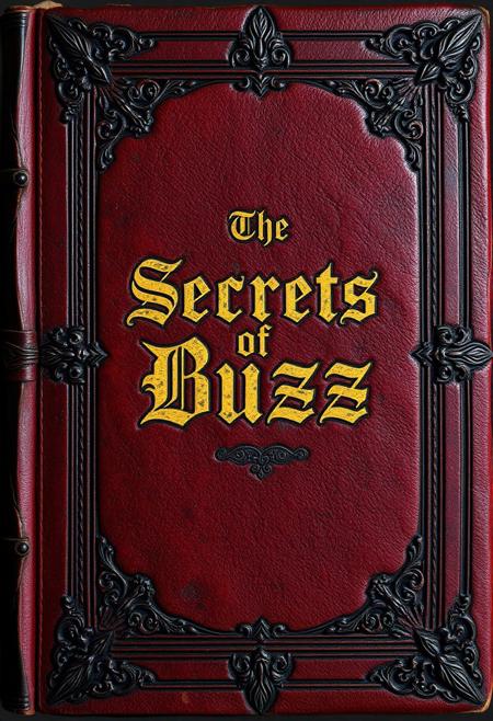 An ancient dark red leather tome cover, ornamented iron borders, gold leaf accents, with the title "The Secrets of Buzz" in Germanic Font, heavy book, very old, dusty, iron reinforced