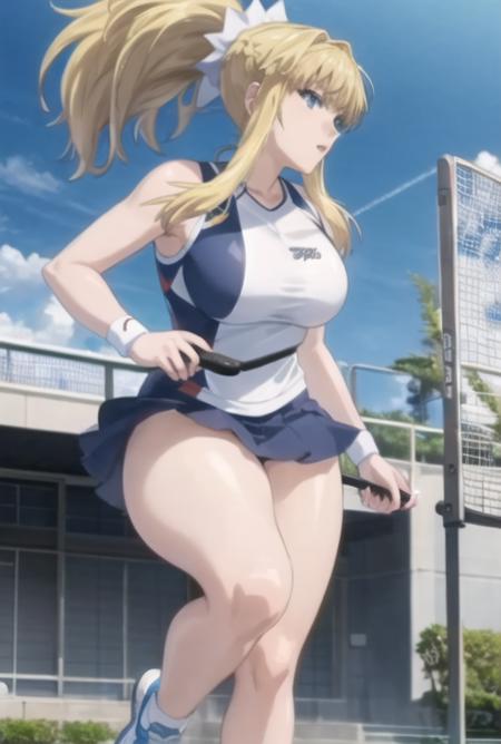 gakuenshimai, large breasts, thick thighs,   shiny skin,  <lora:GakuenShimai:0.85>, ponytail, blonde hair, blue eyes, tennis , tennis uniform, tennis racket,