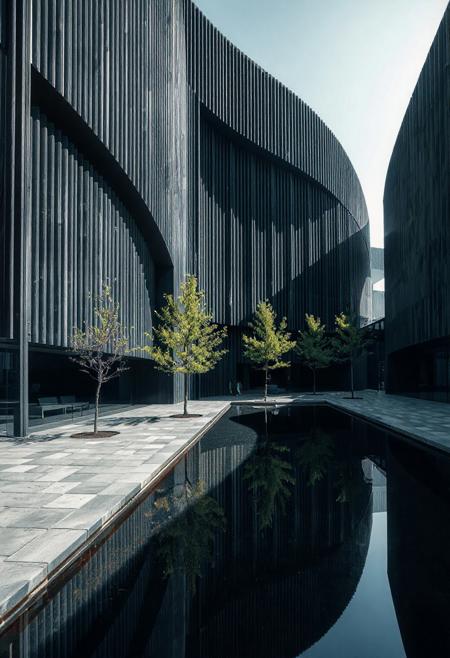 A striking architectural photograph capturing a modern building with dark, ribbed vertical panels and curved geometric elements. The composition features a perfect reflection in a rectangular pool, with young trees lining a stone pathway. Natural side lighting creates dramatic shadows and highlights on the building's surface, while the wide-angle perspective and deep depth of field emphasize the monumental scale of the structure. The cool color palette and balanced composition create a sense of sophisticated urban design.
