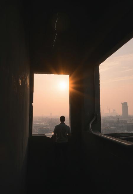 A fleeting sunrise glimpsed from inside a stark, concrete dystopian building, where the viewer stands behind a narrow, cracked window. For just a second, the sun’s golden-orange rays pierce through the gloom, casting a warm glow across the cold, gray walls and rusted metal beams. Outside, a hazy, industrial skyline looms with jagged, crumbling structures under a sky streaked with faint pink and purple hues. The brief sunlight illuminates dust particles in the air, creating a momentary contrast between the harsh interior and the distant, fleeting beauty of the sunrise, before shadows reclaim the scene.