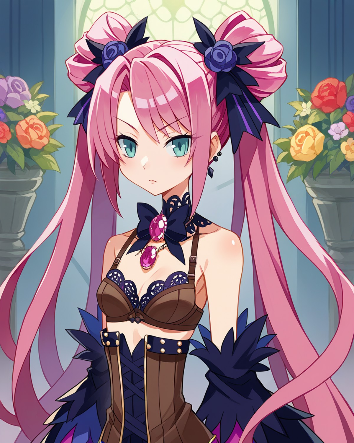 score_9, score_8_up, score_7_up, source_anime, solo, 1girl, pink hair, long hair, twintails, , brown bra, An opulent, jewe...