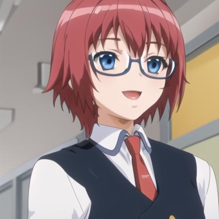 (masterpiece, best quality:1.2),illustration,8k,hd,1girl,solo,full body,smile,short_hair,blue_eyes,school_uniform,red_hair,necktie,glasses,semi-rimless_eyewear,under-rim_eyewear,wristwatch,black_pants,black_vest,school_uniform,short_sleeves,<lora:Misaki Raika>,