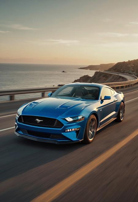 A bright Ford Mustang blue  sports car with a long sleek design speeding along a coastal highway at sunset, motion blur effect on the background to emphasize speed, muted brown and gray tones in the environment, subtle transparent green and red trading charts and financial graphs overlaid softly, conveying luxury, wealth, and dynamic elite business lifestyle, realistic lighting, cinematic atmosphere, highly detailed, photorealistic