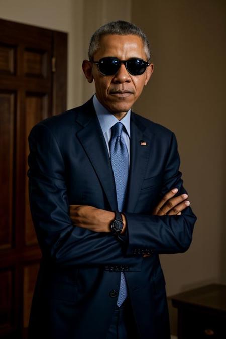 RAW photo, Barack Obama, 8k uhd, dslr, high quality, cinematic lighting, photorealistic, realistic, business suit, cross-laced clothes, collared shirt, unbuttoned shirt, sunglasses, dimly lit <lora:epi_noiseoffset2:0.9>, low key, serious expression, intricate details,