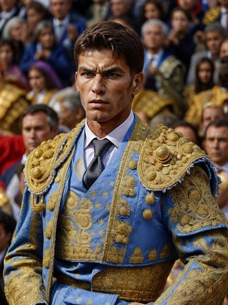 medium shot, from front, bullfighter, face, wearing blue  and gold traje de luces, black tie <lora:tr4j3_v3:1>  <lora:add_detail:1>  <lora:ClothingAdjuster3:0>