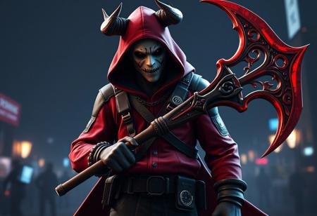 A sinister man dressed as a devil (Fortnite-style character), blending Evil Jason Voorhees' menacing aura with Ghostface's stealth, wearing a blood-red hoodie and wielding a snake-themed halberd. Full-body view, ultra-wide angle, cinematic lighting with golden ratio composition. Danger lurks in the night: subtle hints of 'The Purge' chaos and 'Real-Life Brook' dystopia. Hyper-detailed: micro-textures on the halberd, knick-knacks on the belt, lifelike skin pores, and HD cyberpunk-sci-fi atmosphere. Style fusion: Artgerm's vibrant colors, Greg Rutkowski's gritty fantasy, and Alphonse Mucha's intricate Art Nouveau swirls. Trending on ArtStation, 8K resolution, ultra-sharp focus, cinematic depth, unreal engine 5 rendering.