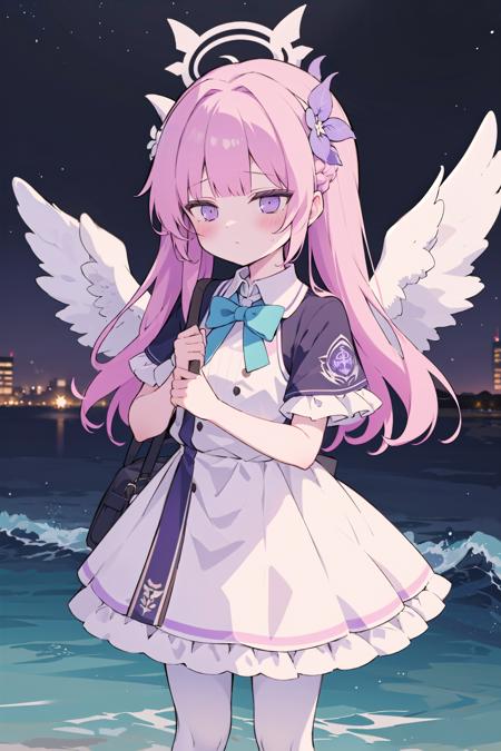 1girl, solo, halo, dress, long hair, wings, mika (blue archive), sky, star (sky), pantyhose, bangs, feathered wings, starry sky, hair ornament, white pantyhose, night, hair bun, frilled dress, white dress, purple hair, low wings, very long hair, night sky, scrunchie, white wings, water, wading, frills, purple eyes, looking at viewer, standing, angel wings, blunt bangs, short sleeves, closed mouth, holding, outdoors, capelet, pink hair, bow, single side bun, flower, hair flower,<lora:cute_style_noreg:1>