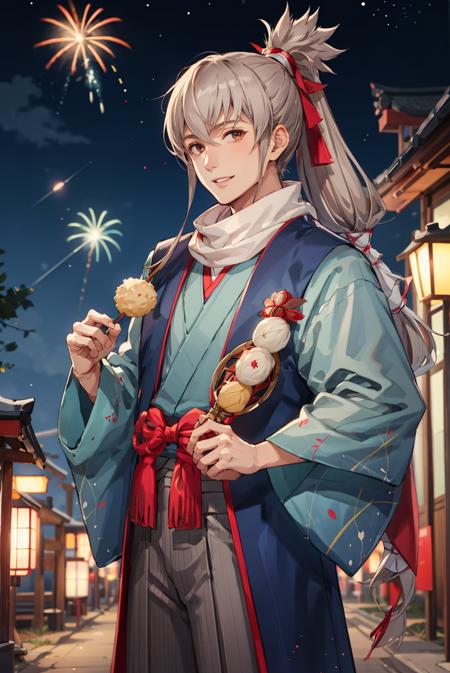 highest quality, masterpiece, detailed background, japanese architecture, night, sky, stars, fireworks, 1boy, solo, standing, cowboy shot, looking at viewer, smile, parted lips, holding, food, <lora:TakumiFEF:0.8> newTakumi, ponytail, long hair, japanese clothes, kimono, scarf, hakama, wagashi