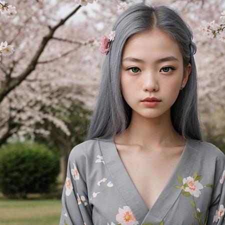 portrait photograph of a cute Japanese girl wearing kimono, Porta 160 color, shot on ARRI ALEXA 65, bokeh, sharp focus on subject, shot by Don McCullin, (topless, white hair, jade eyes, clear eyes, big eyes, beautiful:1.5), (NSFW, freckled pale skin, blush, hairpin, hair clip, kimono:1.2),  (small nose, centered, full frontal, face camera, straight, perfecteyes, bumpy nipples, small areola, sakura trees:1.5), <lora:PerfectEyesXL:2>, <lora:Nipples XL - All in One:2>