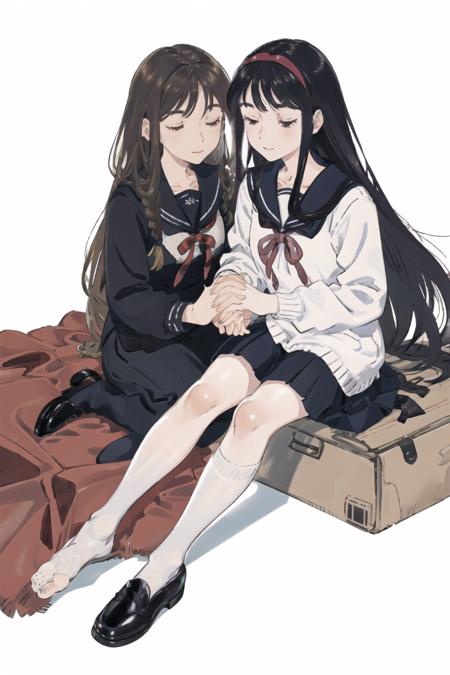 multiple girls, 2girls, long hair, black hair, very long hair, blonde hair, bird, braid, shoes, barefoot, ribbon, socks, dress, holding hands, sitting, closed eyes, school uniform, hairband, yuri, red ribbon, bangs, twin braids, white background, flower, long sleeves, brown hair, smile, black eyes, kneehighs, sailor collar, blunt bangs, black footwear, simple background, absurdly long hair, signature, loafers, closed mouth,<lora:Kaisen:1>