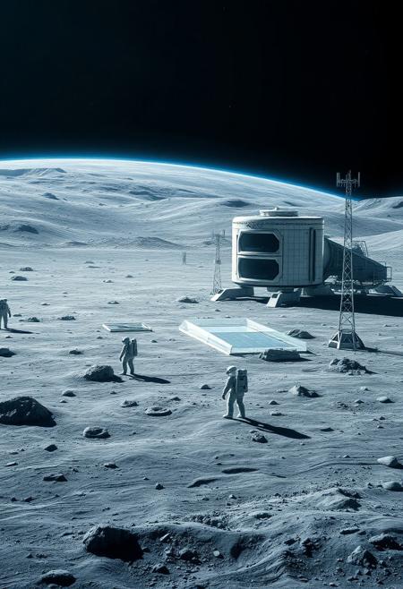 Ultra realism, high quality, high resolution 8K and above, stable and accurate focus, ultra correct anatomy, super detail. A lunar landscape with a space base located on the surface of the moon. The base is made up of multiple modules connected by tunnels and has large windows from where the Earth can be seen on the horizon. The Earth appears bright and blue in contrast to the gray and dusty surface of the Moon. In the foreground, astronauts in white spacesuits are seen performing scientific research and technical support. Large solar panels and communication antennas are located around the base.
Colors: Gray for the lunar surface, bright blue and white for the Earth, metallic colors for the base and equipment.
Objects: Space base, lunar surface, Earth, astronauts, solar panels, communication antennas.
Atmosphere: High-tech, futuristic, majestic.
Styles: Realistic, Sci-Fi.
Additional items: Moon dust, scientific instruments, space dust and particles, small exploration rovers.