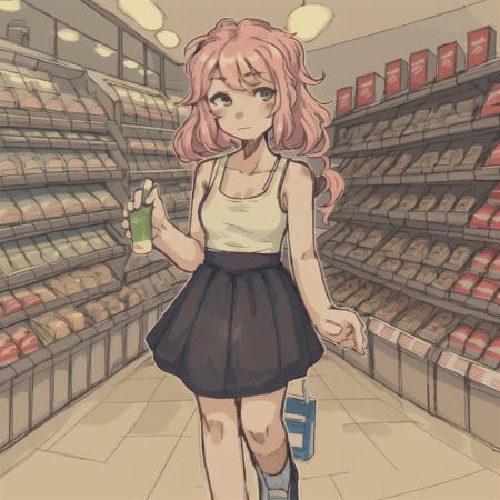 <lora:drawthiere-26:0.75> drawthiere, 1girl, solo, cute, full body, tank top, skirt, convenience store interior, (simple background:0.7)