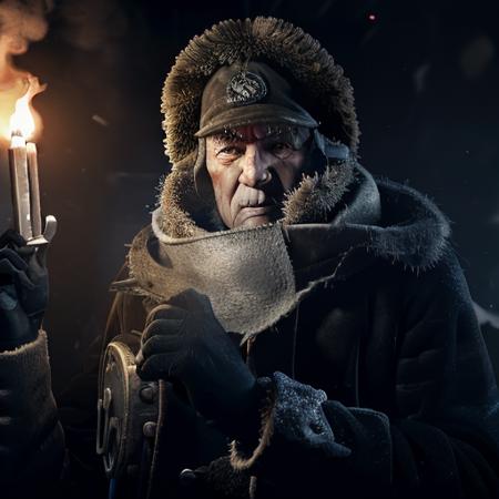 elderly man, torch in hand, winter jacket, fur coat, winter, cold, fear  <lora:frostpunk:0.8>, frostpunk