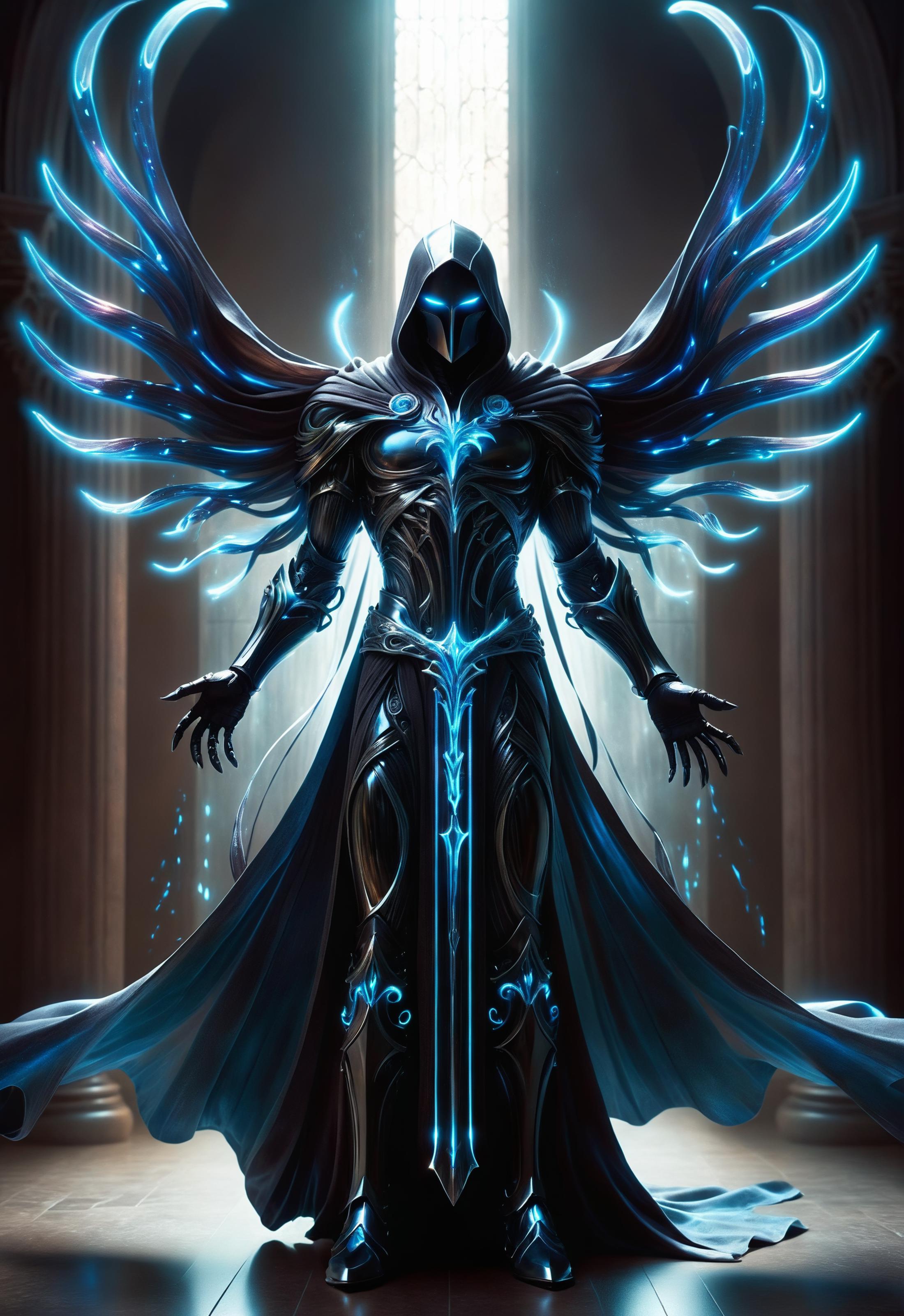 A blue and white digital drawing of an angelic figure with wings, holding a sword, and standing in front of a stone wall.