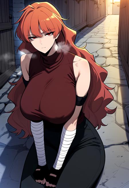 long hair, red hair, red eyes turtleneck, red shirt, sleeveless shirt, bandaged arm, armband, black gloves, fingerless gloves, black pants black jacket, leather jacket, long sleeves, black shirt, collarbone, jeans