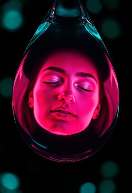 visual art, highly detailed realistic render of a beautiful woman inside a drop of water, eyes closed, black light, bioluminescent, fluorescent