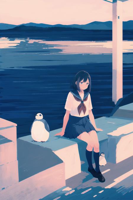 1girl, skirt, penguin, neckerchief, sailor collar, solo, red neckerchief, short sleeves, shirt, bird, wide shot, black footwear, building, white shirt, shoes, outdoors, socks, sitting, serafuku, short hair, school uniform, black sailor collar, black skirt, pleated skirt, black hair, bangs, medium hair, blue sailor collar