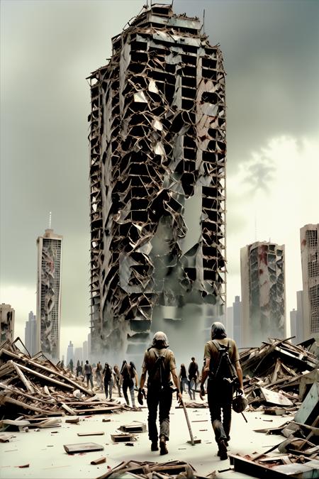 Collapsed skyscraper, survivors climbing the debris, searching for a glimpse of hope in a city overrun by the dead. ,screen cap from George A. Romero's Twilight of the Dead" , twilight_of_the_dead