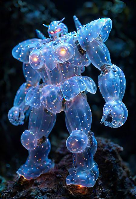 Ultrarealistic. Gigantic mecha, gundam  made of bioluminescent organisms