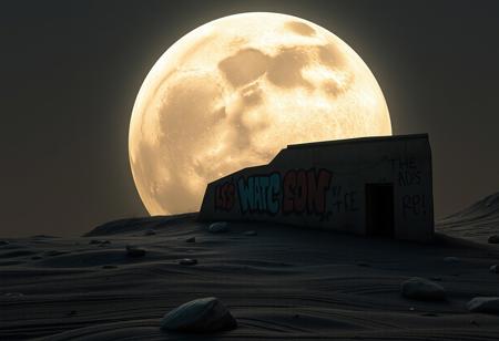 Graffiti on the moon. 
[(contemporary street art:1.35) ::0.35], (Banksy and Pejac -inspired octane rendering with a dusty, simple touch), [Frank Cho and Kay Sage influence: artistic flair: 0.70], a contemporary street art piece inspired by Banksy's style rendered in octane, featuring a dusty and simple aesthetic, drawing artistic flair from the influences of Frank Cho and Kay Sage for a unique and captivating composition