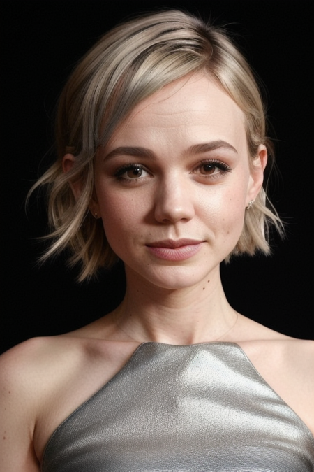 (CareyMulligan:0.9), (upper body closeup:1.3) portrait of young woman, black background, tilted pose shot, slick undercut hair, oiled shiny skin, silver dress, spaghetti straps