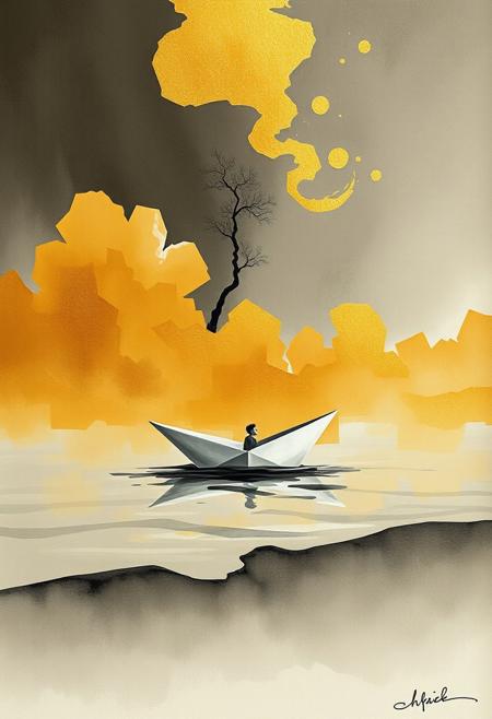 A paper boat floats on an endless sea of ink, its tiny passenger gazing up at swirling clouds of golden paint that seem to form a hidden message., expressive landscape painting meets organic architectural minimalism, gestural abstraction fused with fluid structural form, atmospheric textures with flowing geometric rhythm, emotional environments blending built and natural elements, earthy painterly tones with light-filled modern design, poetic solitude in abstracted urban space, textured brushwork meets conceptual transparency, spontaneous composition with architectural precision, moody impressionism merged with soft, curved spatial design, memory-driven spaces with contemporary lightness, meditative tone, natural form in structural abstraction