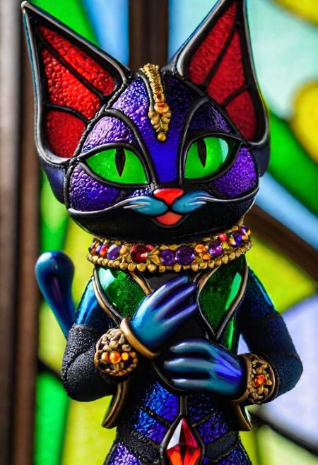 A realistic photo of ((Alchemist's magical helper creature)), photo is taken with a Canon EOS R5 and a Canon RF 100-500mm f/4.5-7.1L IS USM lens, ultra high quality, ultra high detailed ,Stained Glass, cat textured Glas, colored glass pieces, productscene, ral-amber, SLPASHTER_3-7000, splash, waterdrop